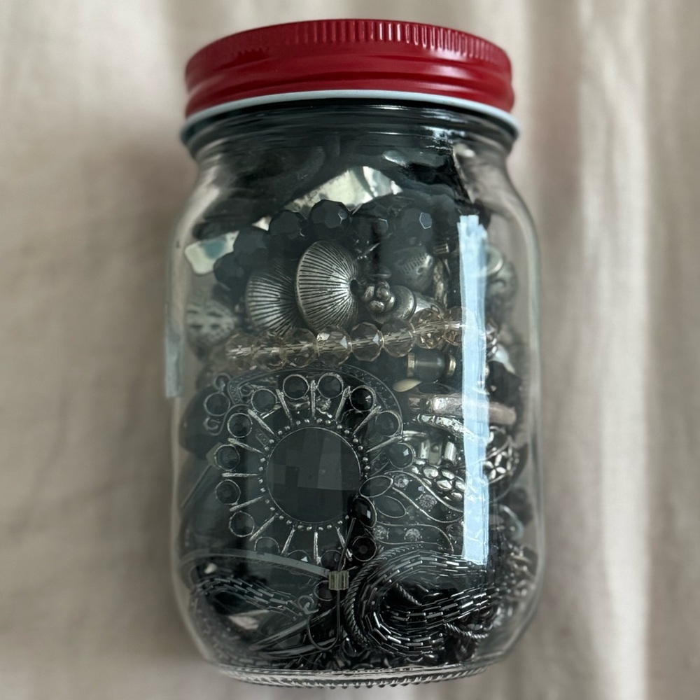 ❤️SOLD❤️ Jar of Assorted Black and Silver Jewelry Shipped in 5”-6” Bag